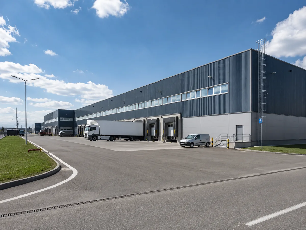 Industrijski objekat sa logističkim rampama, kamionima i pristupnim putevima